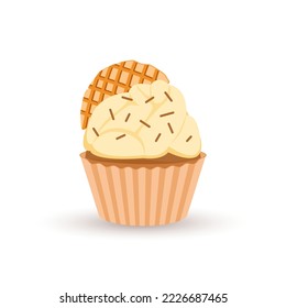 Cute cupcake with waffles isolated on white