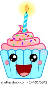 Cute cupcake/muffin with a birthday candle, sprinkles and a kawaii-like happy and smiling face.