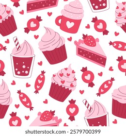 Cute cupcakes, candies and drinks with hearts seamless pattern. Pink romantic background with sweets for Valentine's day, wedding, birthday and other holidays. White background.