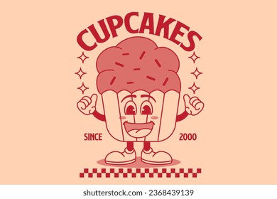 Cute cupcakes character design retro cartoon, vector illustration. Can be printed as t-shirt, Poster, greeting cards, gift or room and office decoration. Also can be social media post content