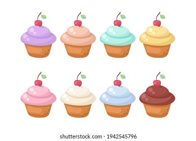Cute Cupcakes with cherry of various flavours and colors isolated on white background. Adorable vector illustration in light colors. Easy to edit food set for cafe menu, fabric print, stickers, card.