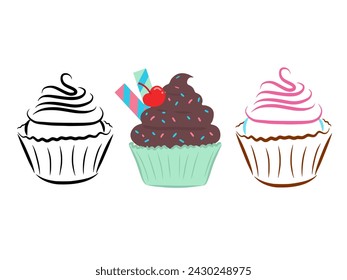 
Lindos cupcakes clipart con espolvoreos de caramelo y cereza roja en la parte superior. Pastel muffins dibujos animados con crema de colores glaseado y contorno imagen vectorial