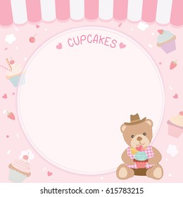 Cute cupcakes decorated with bear for menu template on pink pastel  background.