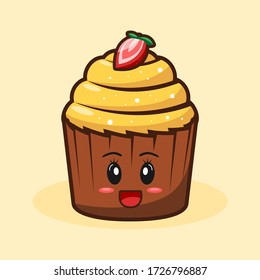 Cute cupcakes emoticons. Cartoon birthday clipart design, Love concept. Muffin Vector illustration. kawaii style with smiling faces, pink cheeks and winking eyes. food retro style in pastel colors