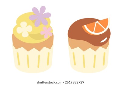 Bonitos cupcakes com flores e coberturas laranja ilustração plana
