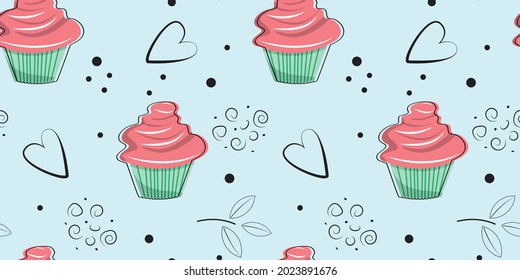 Cute cupcakes with hearts and leaves on blue background. Seamless pattern with muffins. For textile, wrapping paper, packaging.