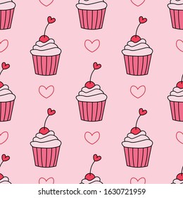 Cute cupcakes and hearts seamless repeat pattern.Valentine's day seamless repeat pattern.