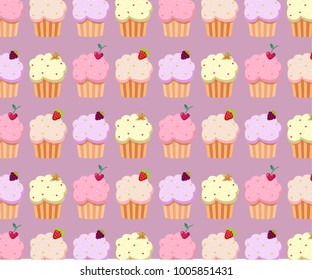 Cute cupcakes pattern in pastel colors.  Sweet dessert poster, banner template. Illustration can be used as print for fabric, apparel, clothes, cards, packaging design. Colorful design textile print.