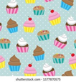 Cute cupcakes seamless background vector illustration pattern
