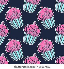 Cute cupcakes seamless pattern. Colorful cake. Muffin dessert. Repeat delicious background.