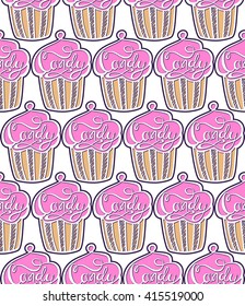 Cute cupcakes seamless pattern. Colorful cake. Muffin dessert. Repeat delicious background. 