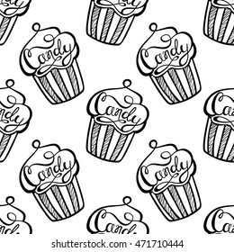 Cute cupcakes seamless pattern. Colorful cake. Muffin dessert. Repeat delicious background. Black and white. Monochrome design.