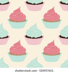 Cute cupcakes seamless pattern on light yellow background. Sweets in vector