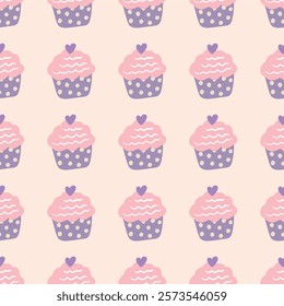 Cute cupcakes seamless pattern. Yummy desserts. Lovely endless background with sweet cupcakes for Valentines designs, romantic holidays, bakery shop. Hand drawn vector illustration