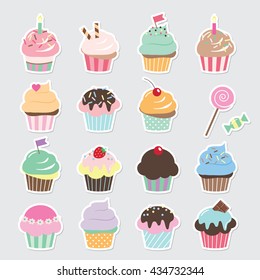 Cute cupcakes set. Birthday stickers paper cut.