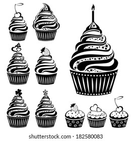 Cute cupcakes set isolated on White background. Vector illustration 