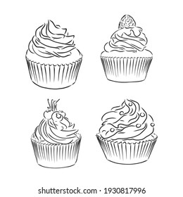 Cute cupcakes set isolated on White background. Vector illustration. cupcake vector sketch on a white background