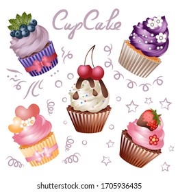 Cute cupcakes set on a white background. Isolated icons. Sweet pastries are decorated with various berries and sweets. A set for creativity and design. Icons for websites. For celebration.