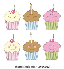 cute cupcakes with smiling face over white background. vector