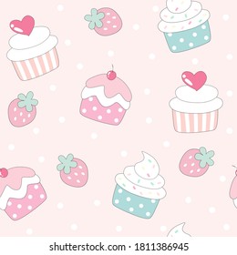 Cute cupcakes with strawberries seamless pattern.