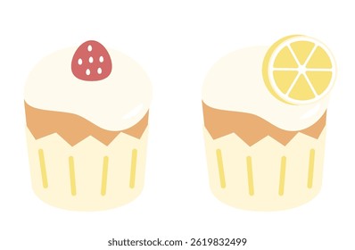 Bonitos cupcakes com morango e limão coberturas ilustração plana
