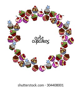 Cute cupcakes. Cupcakes vector pattern. Round frame.
