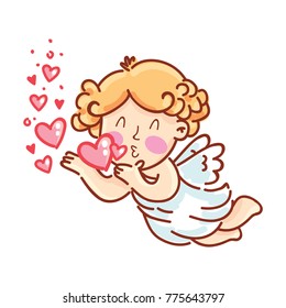 Cute Cupid Amur baby character with wings, hearts, bow and arrows. Pink romantic hand drawn love illustration art in cartoon, doodle style for Valentine Day: for print, greeting card, poster, banner
