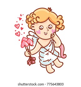 Cute Cupid Amur baby character with wings, hearts, bow and arrows. Pink romantic hand drawn love illustration art in cartoon, doodle style for Valentine Day: for print, greeting card, poster, banner