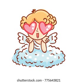 Cute Cupid Amur baby character with wings, hearts, bow and arrows. Pink romantic hand drawn love illustration art in cartoon, doodle style for Valentine Day: for print, greeting card, poster, banner