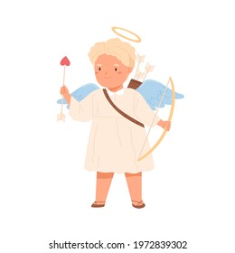 Cute cupid angel with arch bow and arrow in hands. Happy little child in dress with feathered wings and halo. Romantic love concept. Colored flat vector illustration isolated on white background