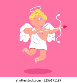 Cute cupid angel archer isolated on a pink background. Valentine's day vector illustration