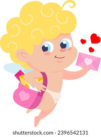 Cute Cupid Angel Cartoon Character Delivering Love Letter. Vector Illustration Flat Design Isolated On Transparent Background