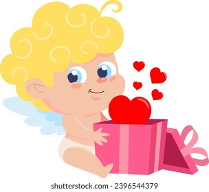 Cute Cupid Angel Cartoon Character Holding Gift Box With Red Hearts. Vector Illustration Flat Design Isolated On Transparent Background
