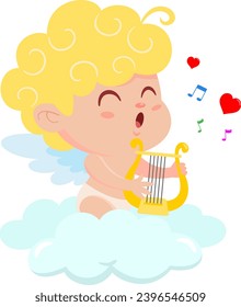 Cute Cupid Angel Cartoon Character Sing A Love Song With Harp Over Clouds. Vector Illustration Flat Design Isolated On Transparent Background