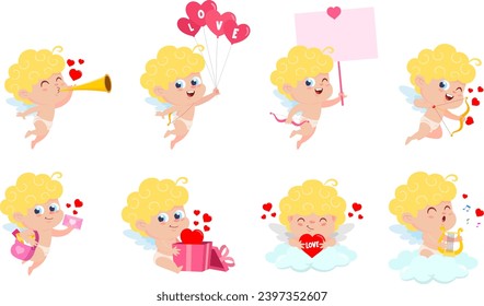 Cute Cupid Angel Cartoon Character. Vector Flat Design Collection Set Isolated On Transparent Background