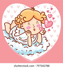 Cute Cupid angel character with air kiss on romantic pink background in heart shape. Vector illustration art in cartoon, doodle hand drawn style: for Valentine Day cards, poster, wedding, invitation
