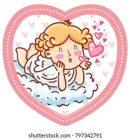 Cute Cupid angel character with air kiss on romantic pink background in heart shape. Vector illustration art in cartoon, doodle hand drawn style: for Valentine Day cards, poster, wedding, invitation