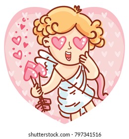 Cute Cupid angel character with bow and arrows on romantic pink background in heart shape. Vector illustration art in cartoon, doodle hand drawn style: for Valentine Day cards, poster, wedding