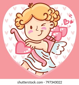Cute Cupid angel character with bow and arrow on romantic pink background in heart shape. Vector illustration art in cartoon, doodle hand drawn style: for Valentine Day cards, poster, wedding