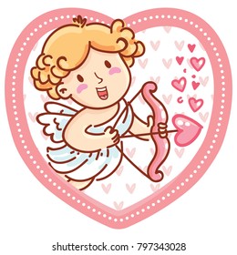 Cute Cupid angel character with bow and arrow on romantic pink background in heart shape. Vector illustration art in cartoon, doodle hand drawn style: for Valentine Day cards, poster, wedding