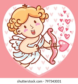 Cute Cupid angel character with bow and arrow on romantic pink background in heart shape. Vector illustration art in cartoon, doodle hand drawn style: for Valentine Day cards, poster, wedding