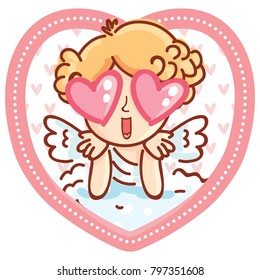 Cute Cupid angel character with hearts in eyes on romantic pink background. Vector illustration art in cartoon, doodle hand drawn style: for Valentine Day cards, poster, wedding, invitation