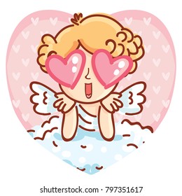 Cute Cupid angel character with hearts in eyes on romantic pink background. Vector illustration art in cartoon, doodle hand drawn style: for Valentine Day cards, poster, wedding, invitation