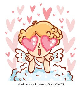 Cute Cupid angel character with hearts in eyes on romantic pink background. Vector illustration art in cartoon, doodle hand drawn style: for Valentine Day cards, poster, wedding, invitation