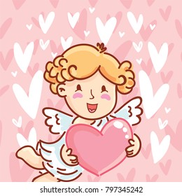 Cute Cupid angel character holding heart on romantic pink background. Vector illustration art in cartoon, doodle hand drawn style: for Valentine Day card, poster, wedding, invitation
