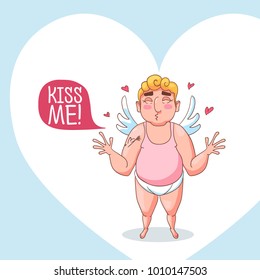 Cute Cupid angel character on love poster. Vector illustration for Valentines Day. Love, kiss, hug emoji.