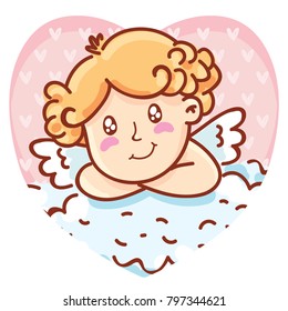 Cute Cupid angel character on romantic pink background in heart shape. Vector illustration art in cartoon, doodle hand drawn style: for Valentine Day cards, poster, wedding, invitation