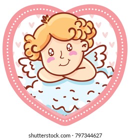 Cute Cupid angel character on romantic pink background in heart shape. Vector illustration art in cartoon, doodle hand drawn style: for Valentine Day cards, poster, wedding, invitation