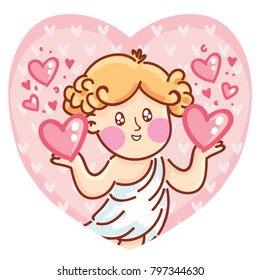 Cute Cupid angel character on romantic pink background in heart shape. Vector illustration art in cartoon, doodle hand drawn style: for Valentine Day cards, poster, wedding, invitation