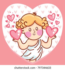 Cute Cupid angel character on romantic pink background in heart shape. Vector illustration art in cartoon, doodle hand drawn style: for Valentine Day cards, poster, wedding, invitation